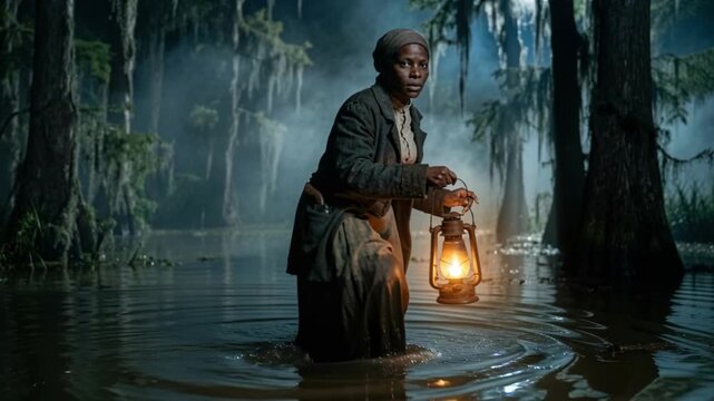 A woman representing Harriet Tubman on the Underground Railroad. Escaping slavery by wading through a dark swamp at night with a lantern. Black history and the fight for freedom concept