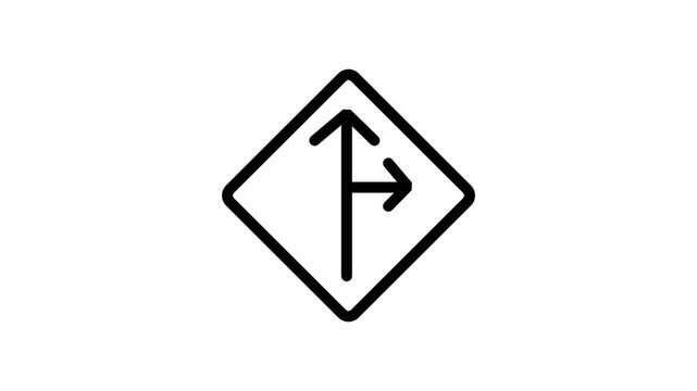 Split Road Sign Motion Ikon. Road sign icon with branching arrows representing decision making, strategic choices, and diverse path options.