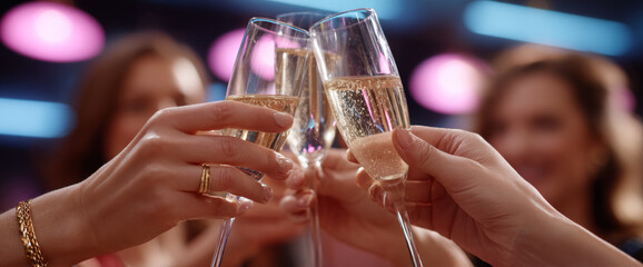 Close-up of friends toasting with champagne glasses in a festive indoor setting with colorful blurred lights