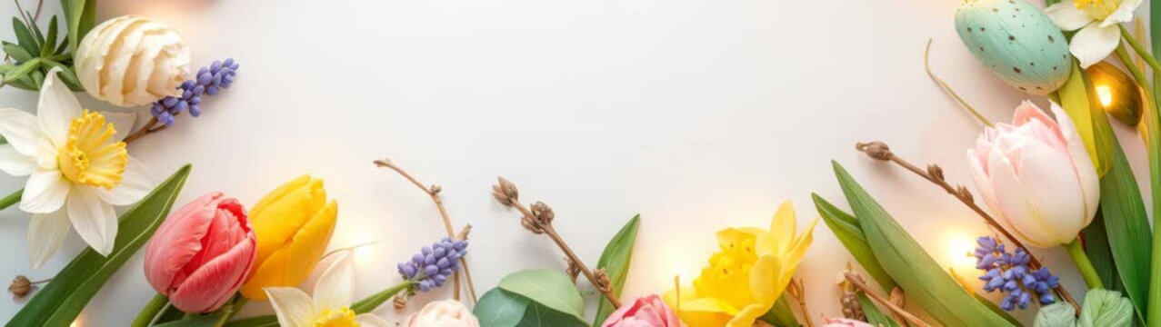 Easter spring holiday border with flowers and eggs.