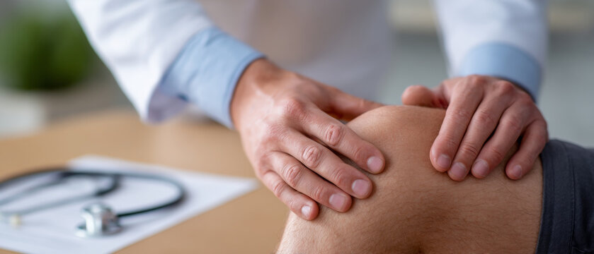Close-up of doctor examining patient's knee in medical with stethoscope and clipboard in background