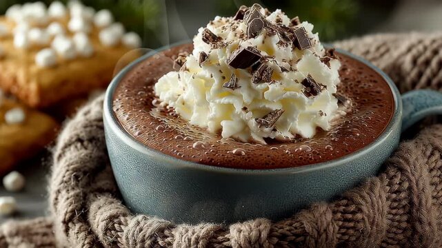 A steaming cup of rich hot chocolate topped with fluffy whipped cream and dark chocolate shavings sits on a knitted scarf. the warm, inviting atmosphere is perfect for cold winter days and holiday cel