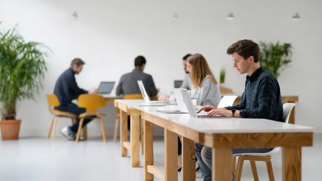 Professional digital nomads collaborating intently on laptops within sleek, bright shared workspace, representing contemporary remote work culture and professional connectivity