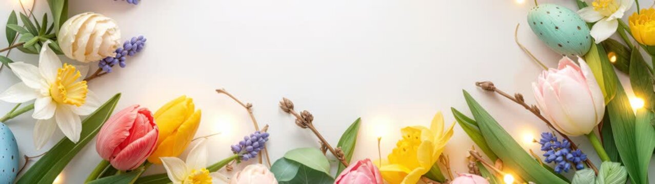 Spring flowers decorating bottom and top border with copy space for easter greetings.