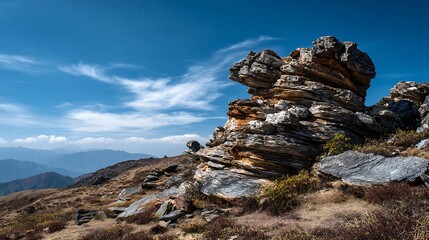 Layered rock formation on mountain slope with blue sky clouds