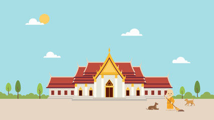Buddhist Monk Sweeping Temple Grounds with Dogs Flat style.A young monk in orange saffron robes is shown sweeping the ground with a long broom, accompanied by two friendly brown stray dogs sitting and