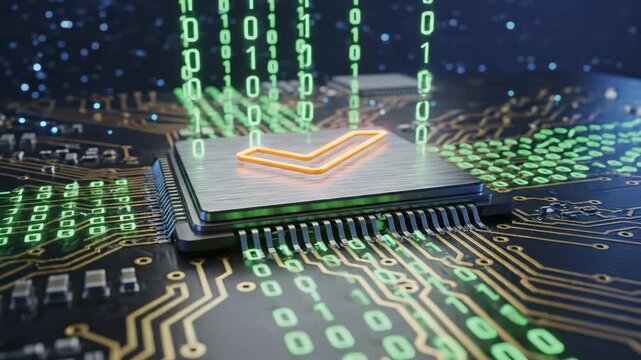 Microchip with glowing symbol on circuit board