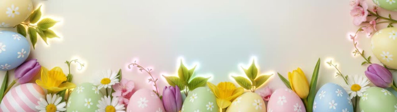 Pastel colored eggs and fresh spring flowers forming festive easter banner with copy space.