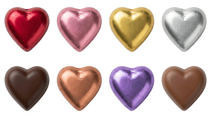 Fototapeta premium Chocolate heart set including red pink gold silver bronze and purple foil wrapped candy and unwrapped milk dark chocolates. Valentines day and romantic dessert collection.