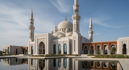 Elegant White Mosque Architecture Reflected in Calm Waters Under Clear Skies