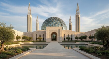 Magnificent Mosque Architecture Featuring a Stunning Glass Dome and Reflecting Pool
