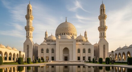 Serene Grand Mosque: A Majestic Architectural Wonder in Beige and Blue Skies
