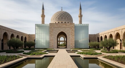 Serene Mosque Architecture Featuring Courtyard with Olive Trees and Water Features