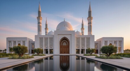Serene Mosque Facade at Dusk Reflected in Calm Reflecting Pool
