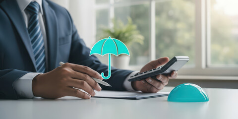 Digital protection finance solution family security safety financial planning policy coverage with umbrella icon over office desk