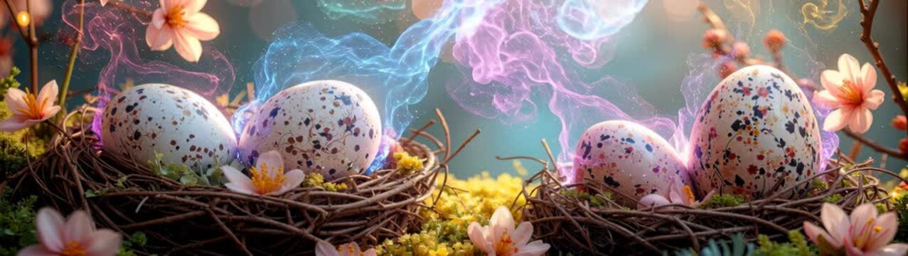 Speckled eggs nesting in spring blossoms under bokeh lights.