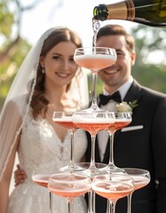 Obraz premium Strahlendes Brautpaar mit einer Champagnerpyramide . Der Champagnerturm wird befüllt. Hochzeitsmomente