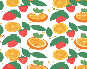 Obraz premium Seamless citrus and strawberry fruit pattern with orange slices and green leaves in modern flat vector style