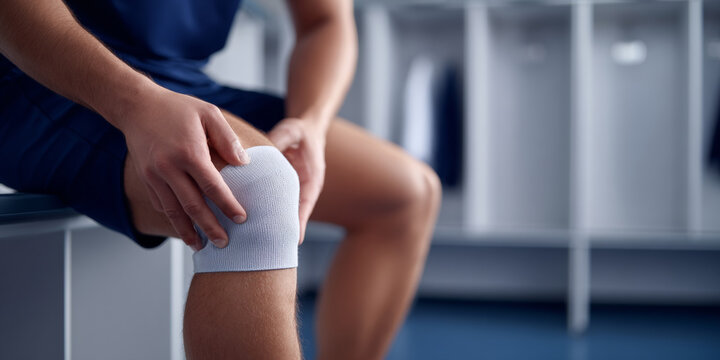 Close-up of person wearing knee support brace sitting on bench in locker room with hands on knee