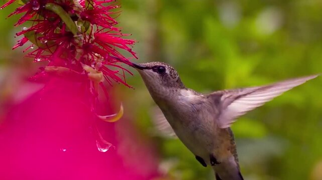 Ruby Throated Hummingbird Rapid Wing Motion While Feeding Nectar from Bottlebrush Flowers
