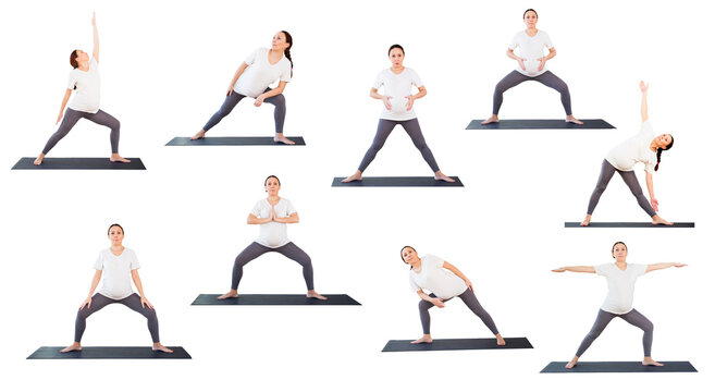 pregnant woman is engaged in yoga. Elongated Triangle Pose or Utthita Trikonasana