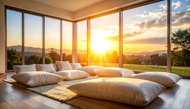 Cozy living space features large windows overlooking a stunning sunset. Floor cushions invite relaxation against a backdrop of rolling hills