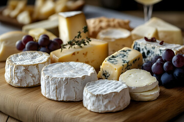 Fototapeta premium Assorted cheeses and grapes on wooden board.
