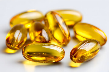 Yellow softgel capsules on a light background showcasing health supplements and vitamins