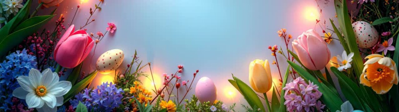 Easter eggs appearing among vibrant spring flowers and warm festive lights, symbolizing celebration.