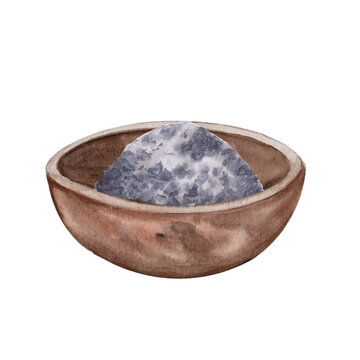 Bowl with ashes isolated on white, symbol of humility, repentance, mortality for Lent season. Watercolor illustration for Christian design, church graphics, devotional projects, spiritual reflection