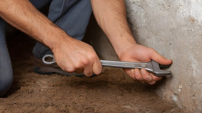 Hands gripping a metal wrench performing mechanical work near a concrete wall in a rough dirt filled space