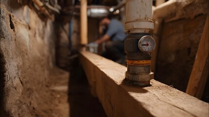 A blurred worker performs plumbing maintenance near a wooden beam in a dark rustic basement environment
