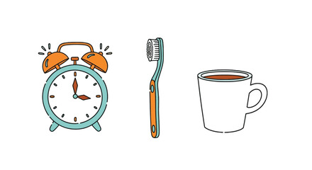 Morning routine icons: alarm clock, toothbrush, and coffee cup, a fresh start.