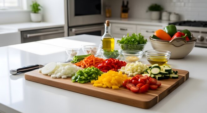 A kitchen counter with a cutting board full of chopped vegetables and ingredients for a healthy meal