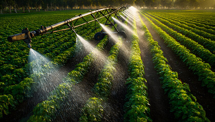 Center pivot irrigation system waters green crops in a sunlit field. Sprinklers spray water droplets over young plants. Modern farm tech aids growth for better harvests. Farming is efficient.