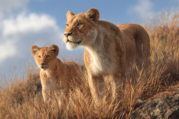 Naklejka premium Majestic lion and lion cub in golden grassland during sunset in the African savanna