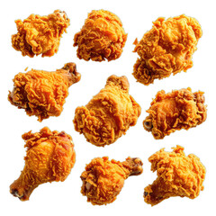 Isolated shot of nine pieces of crispy, golden-brown, fried chicken against a black background