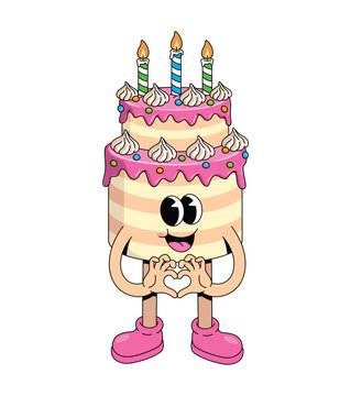 birthday cake love groovy cartoon illustration