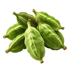 A close-up shot of green pods with visible ridges, possibly spice or herbs, on black background