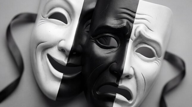 Close-up cinematic framing of two theatrical masks, one happy, one sad, symbolizing dual emotions and the art of performance