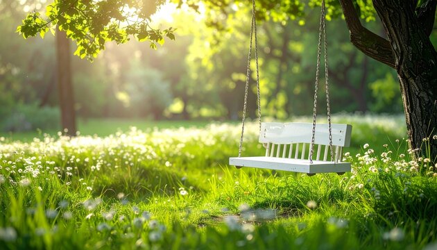 花咲く草原に佇む白いブランコ