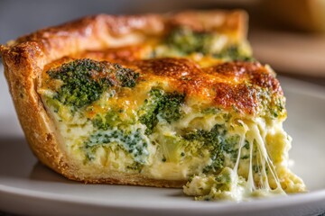 Cheddar broccoli pie slice showing melted cheese pull, vibrant green broccoli florets in golden crust, vegetarian comfort food