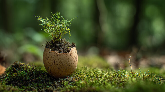 Green plant growing in dirt in a Eggshell. Save world concept.