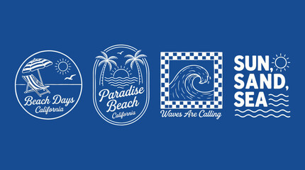 Obraz premium Blue banner featuring three beach-themed badges with palm trees, sun and waves, including Beach Days California, Paradise Beach, and Sun, Sand, Sea