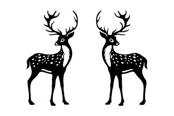 Naklejka premium Two black and white spotted deer with antlers, flat vector illustration design isolated on a white background