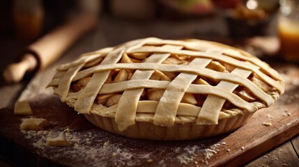 Obraz premium Close-up of a freshly baked, lattice-topped fruit pie on a wooden board, with a rolling pin and ingredients blurred in background