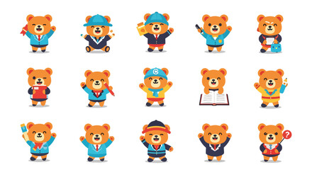 Set of Cartoon Bear Characters in Various Professions