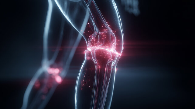 Knee Joint Pain. Inflammation and Injury Concept. X-ray vision with red pain highlight.