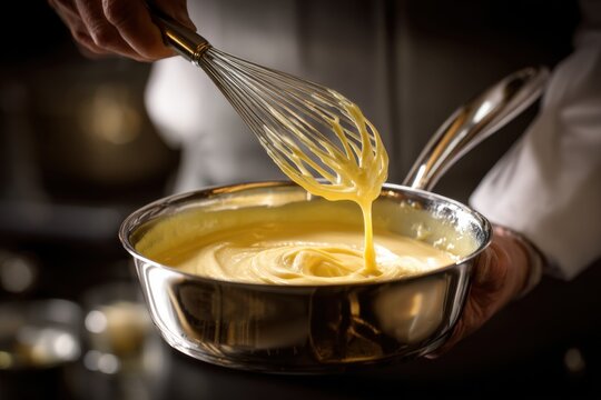 Beurre blanc sauce being whisked in saucepan, creamy emulsion creation