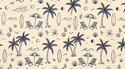 Obraz premium Seamless tropical beach pattern featuring palm trees, surfboards, and sun loungers under umbrellas on a beige background